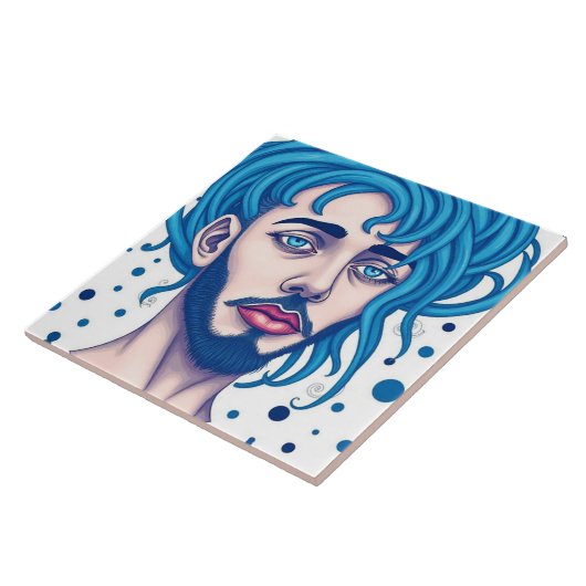 Head Of Bearded Blue Haired Alien Sci-Fi Art タイル (側面)