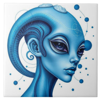 Head Of Blue Alien Closeup Sci-Fi Art タイル