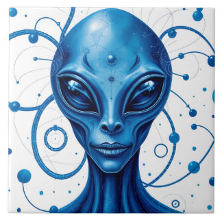 Head Of Blue Alien Closeup Sci-Fi Art タイル