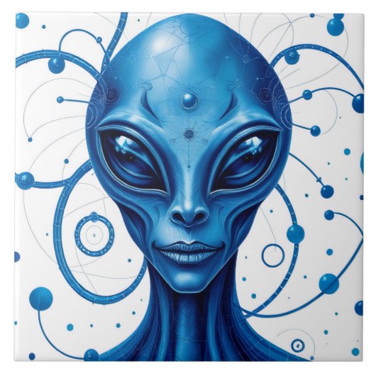 Head Of Blue Alien Closeup Sci-Fi Art タイル (正面)