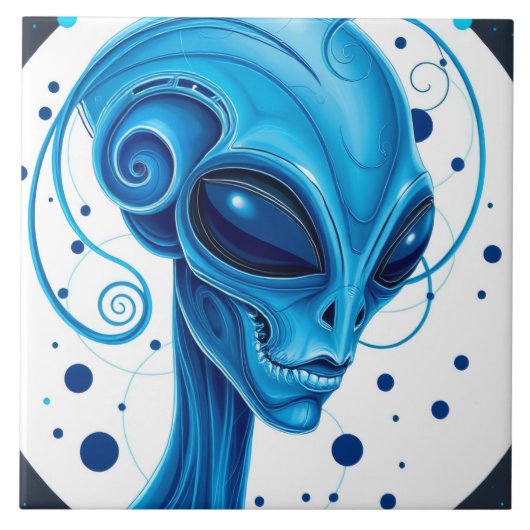 Head Of Blue Alien Closeup Sci-Fi Art タイル (正面)
