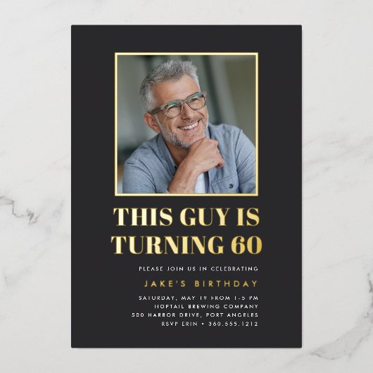 Headline 60th Birthday Partyの写真 箔招待状 (正面)