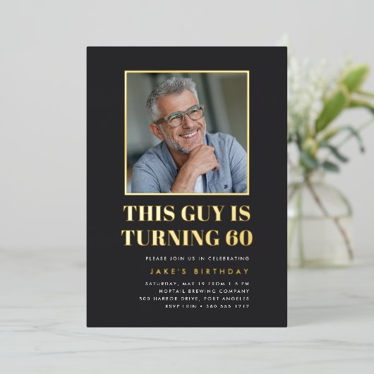 Headline 60th Birthday Partyの写真 箔招待状 (立ち正面)