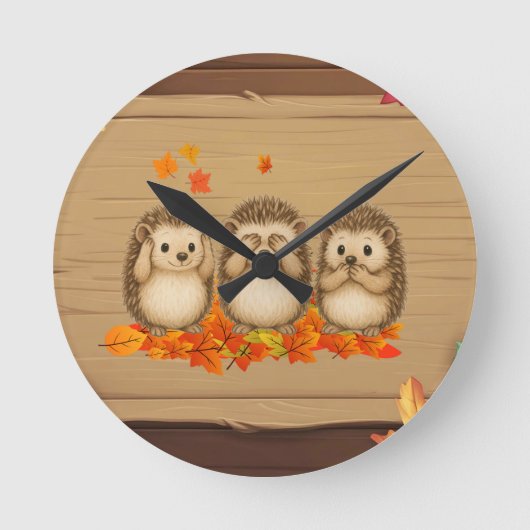 hear, see and speak no evil Hedgehogs leafs ラウンド壁時計 (正面)