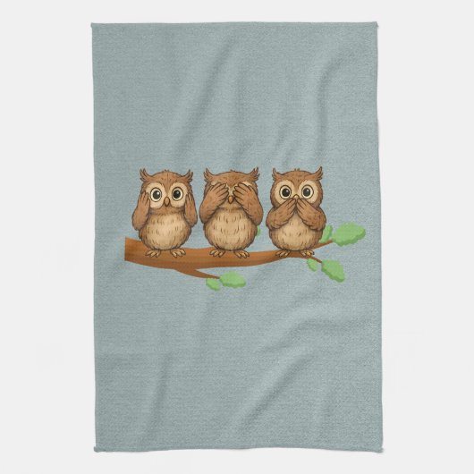 Hear, See, and Speak No Evil Owls キッチンタオル (縦)