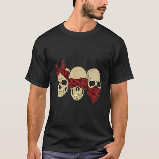 Hear See Speak No Evil Skull Heads Tシャツ (正面)