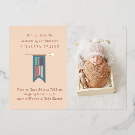 Hear Ye中世の写真誕生の発表 箔招待状 (正面)