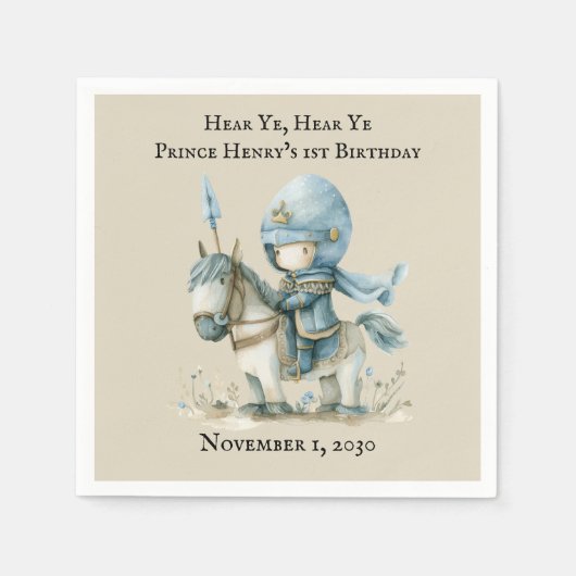 Hear Ye、聞くYe中世の騎士の少年たち最初の誕生日 スタンダードカクテルナプキン (正面)
