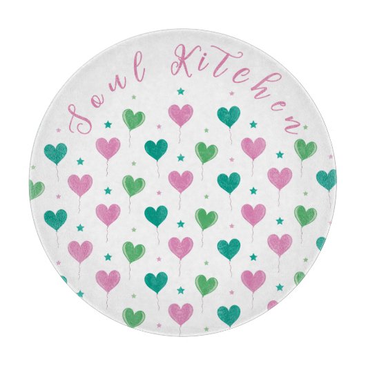 Heart Balloons Green Pink Star Pattern Cute カッティングボード (正面)