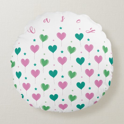 Heart Balloons Green Pink Star Pattern Cute ラウンドクッション (正面)