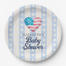Heart & Bue Stars Stripes Boy Baby Shower ペーパープレート