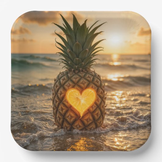 Heart Carved In a Pineapple On a Beach ペーパープレート (正面)