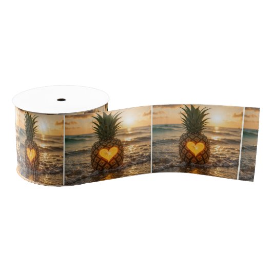 Heart Carved Into a Pineapple On a Beach グログランリボン (リール)