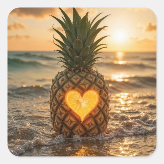 Heart Carved Into a Pineapple On a Beach スクエアシール (正面)