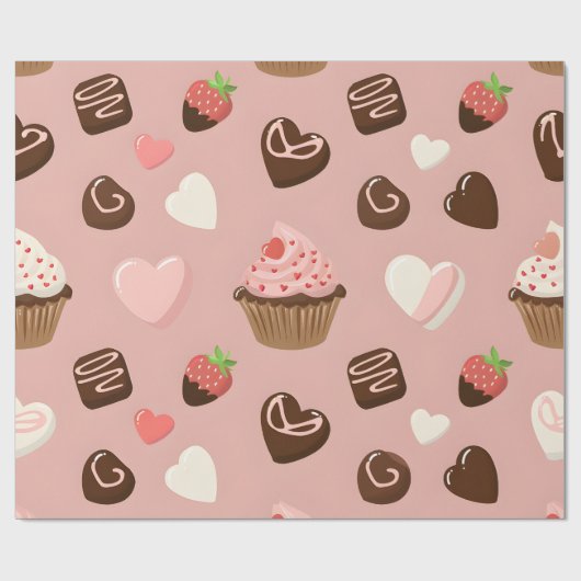 Heart Cupcake Chocolate Valentine Wrapping ラッピングペーパー (フラット)