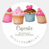 Heart Cupcake Watercolor Pink Bakery ラウンドシール (正面)