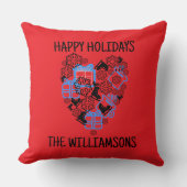 Heart cute Christmas doodle red black monogram  クッション (正面)