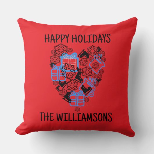 Heart cute Christmas doodle red black monogram  クッション (正面)