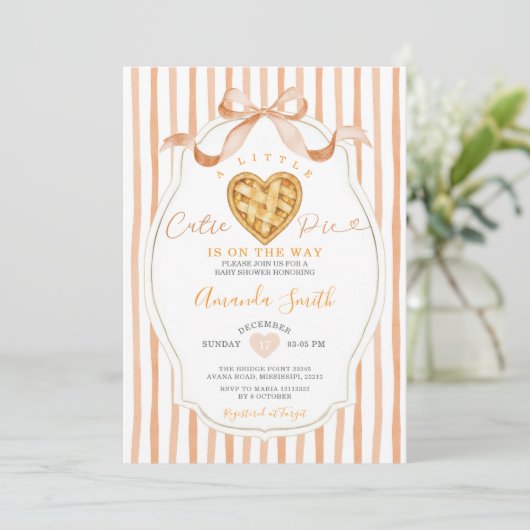Heart Cutie Pie Stripes Bow Baby Shower 招待状 (スタンド正面)
