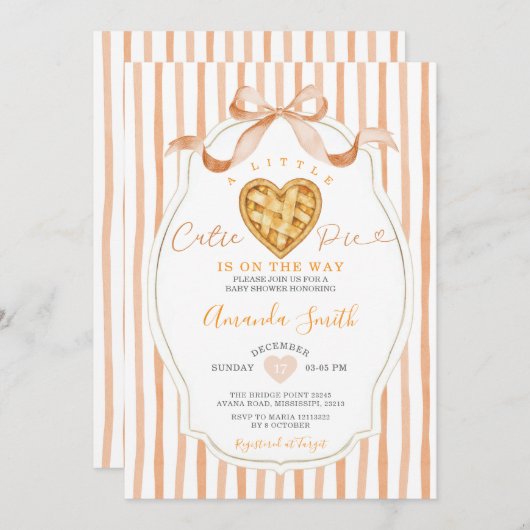 Heart Cutie Pie Stripes Bow Baby Shower 招待状 (正面/裏面)