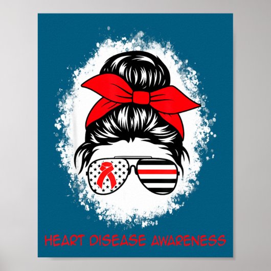 Heart Disease Awareness Red Ribbon Heart Messy Bun ポスター (正面)