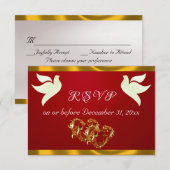 Heart, Doves & Ribbon - Crimson/Gold 出欠カード (正面/裏面)