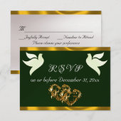 Heart, Doves & Ribbon - Emerald/Gold 出欠カード (正面/裏面)