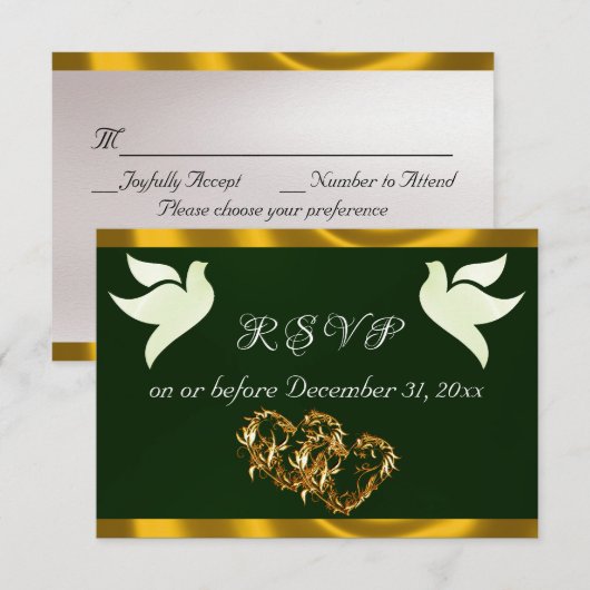 Heart, Doves & Ribbon - Emerald/Gold 出欠カード (正面/裏面)