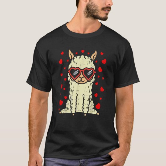 Heart Glasses Llama Cute Alpaca Valentines Day Ani Tシャツ (正面)