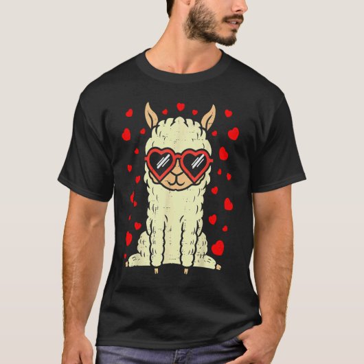 Heart Glasses Llama Cute Alpaca Valentines Day Ani Tシャツ (正面)