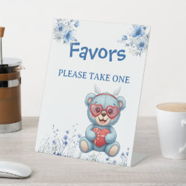 Heart Glasses Teddy Bear Blue Baby Shower  台座サイン