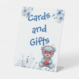 Heart Glasses Teddy Bear Blue Baby Shower  台座サイン
