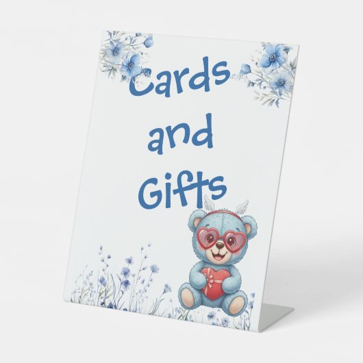 Heart Glasses Teddy Bear Blue Baby Shower 台座サイン (正面)