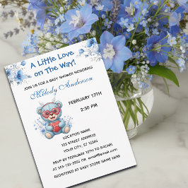 Heart Glasses Teddy Bear Blue Baby Shower Invite シーズンカード