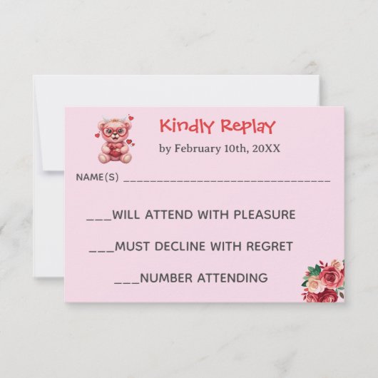 Heart Glasses Teddy Bear Pink Baby Shower 出欠カード (正面)