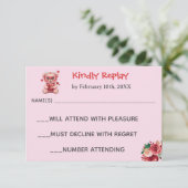 Heart Glasses Teddy Bear Pink Baby Shower 出欠カード (スタンド正面)