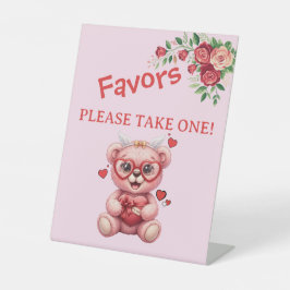 Heart Glasses Teddy Bear Pink Baby Shower  台座サイン