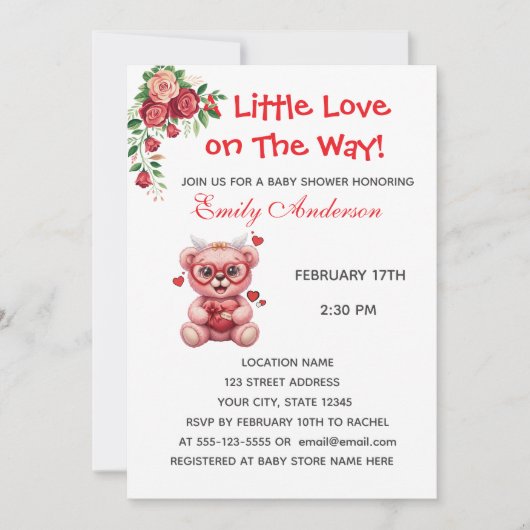 Heart Glasses Teddy Bear Pink Baby Shower Invite (正面)