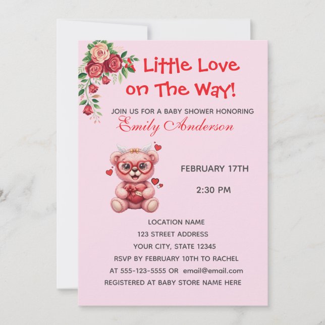 Heart Glasses Teddy Bear Pink Baby Shower Invite (正面)