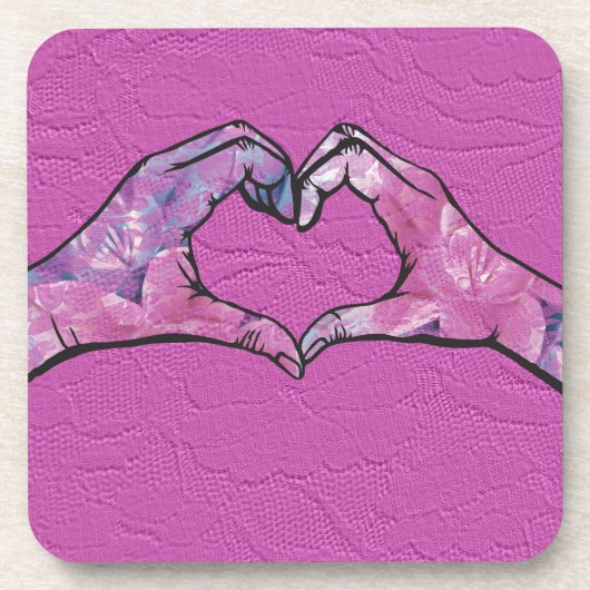 Heart Hands on Pink Lace Background コースター (正面)