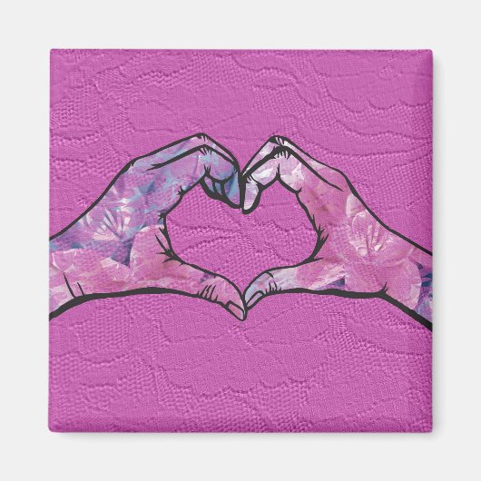 Heart Hands on Pink Lace Background マグネット (正面)