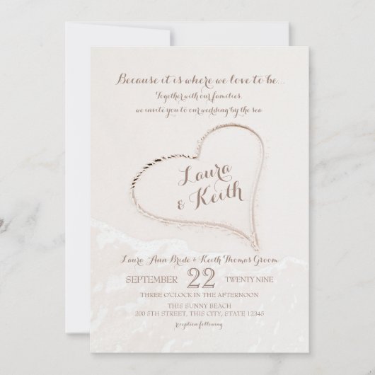 Heart in Sand Beach Wedding 招待状 (正面)