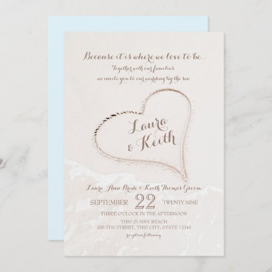 Heart in Sand Beach Wedding 招待状 (正面/裏面)