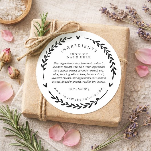 Heart Laurel Wreath Ingredients Label Stickers ラウンドシール
