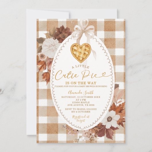 Heart Little Cutie Pie Brown Gingham Baby Shower 招待状 (正面)