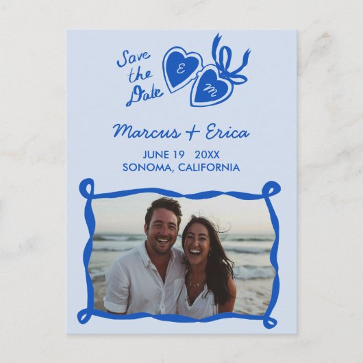 Heart Locket Custom Photo Initials Save the Date ポストカード (正面)