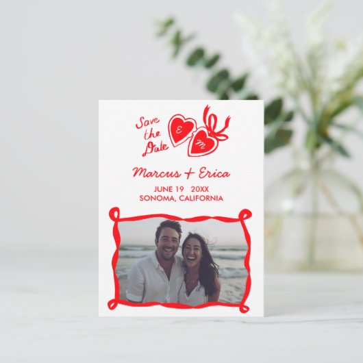 Heart Locket Custom Photo Initials Save the Date ポストカード (スタンド正面)