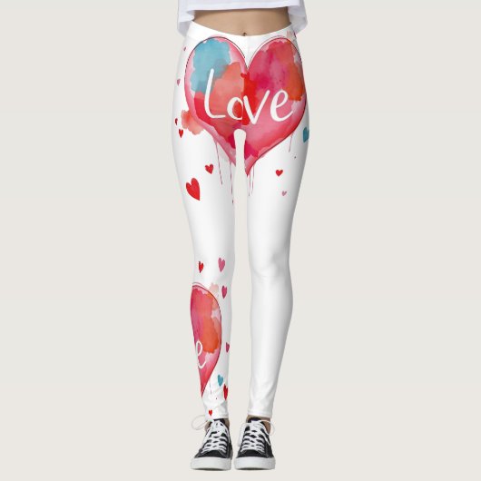 Heart Love Modern Watercolor Artsy Valentine's Day レギンス (正面)