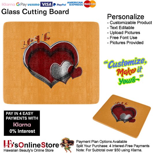 Heart Magic Orange Glass Cutting Board 15.2x17.8cm カッティングボード