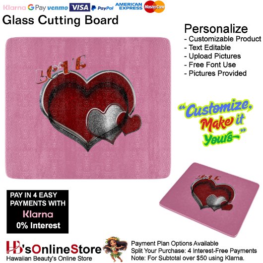 Heart Magic Pink Glass Cutting Board 15.2x17.8cm カッティングボード